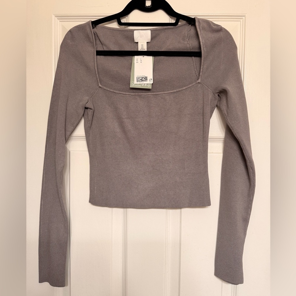 NWT H&M Square Neck Long Sleeve Top - Gray Size L Casual Top